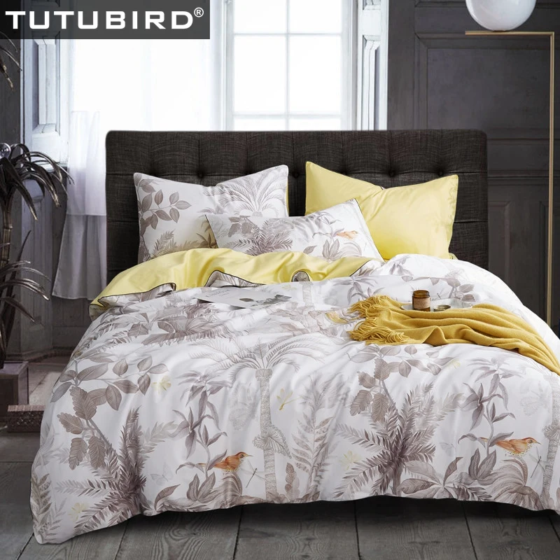 

White yellow forest Satin duvet cover bedspread Luxury Egyptian cotton bedding set girls floral leaf print pure soft sheets