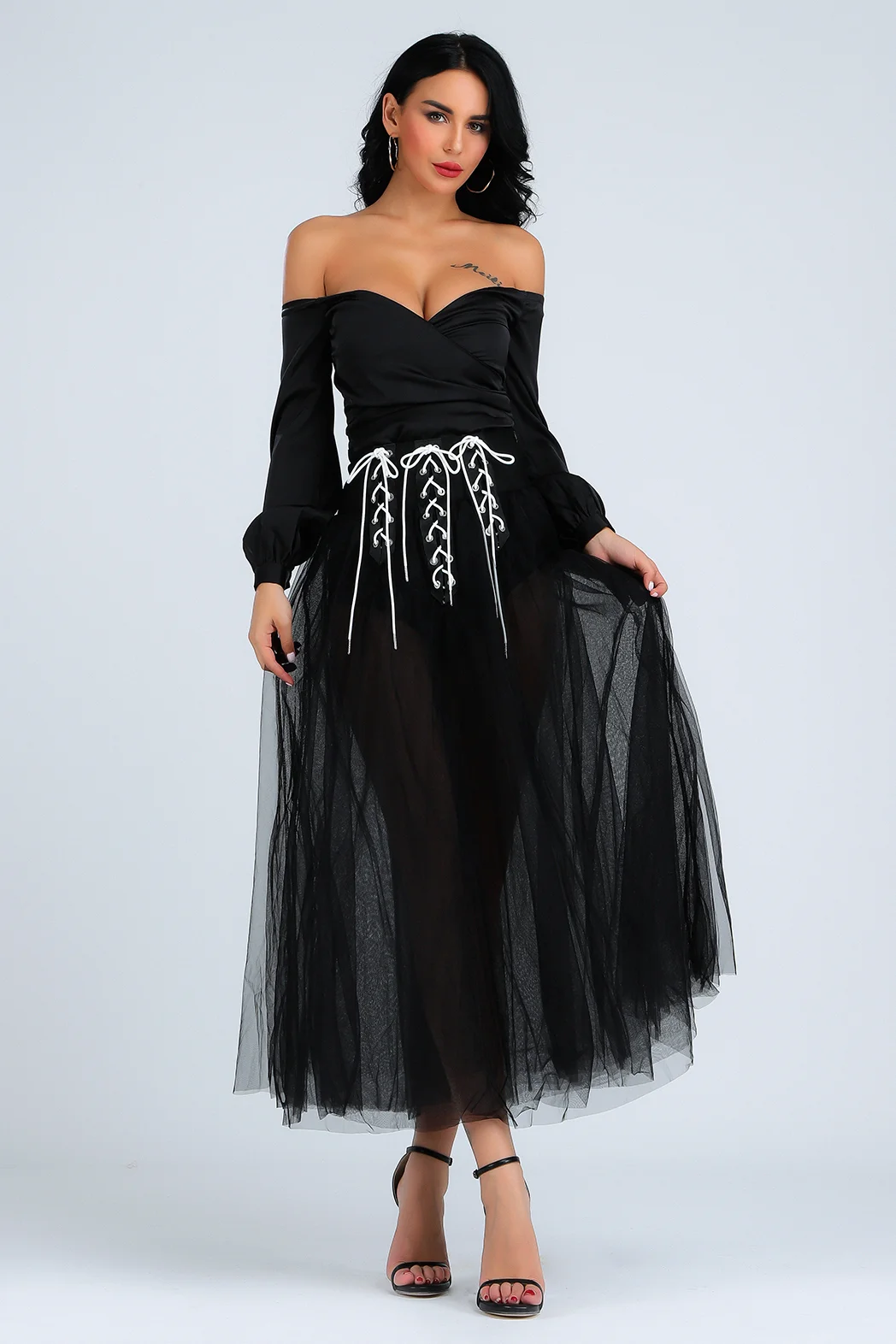 

2019 New Arrival Black Lace-Up Mesh Perspective Ball Gown Skirts