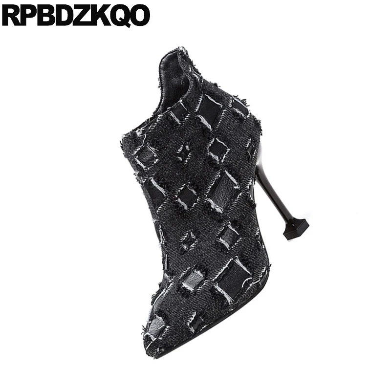 Super Stiletto Femmes Extrêmes Toile Bout Bleu Exotique Danseuse bleu Pompes Noir Coréenne Pointu 2018 Ultra Denim Chaussures Noir Talons Haute Défilé 5txtYvqw7