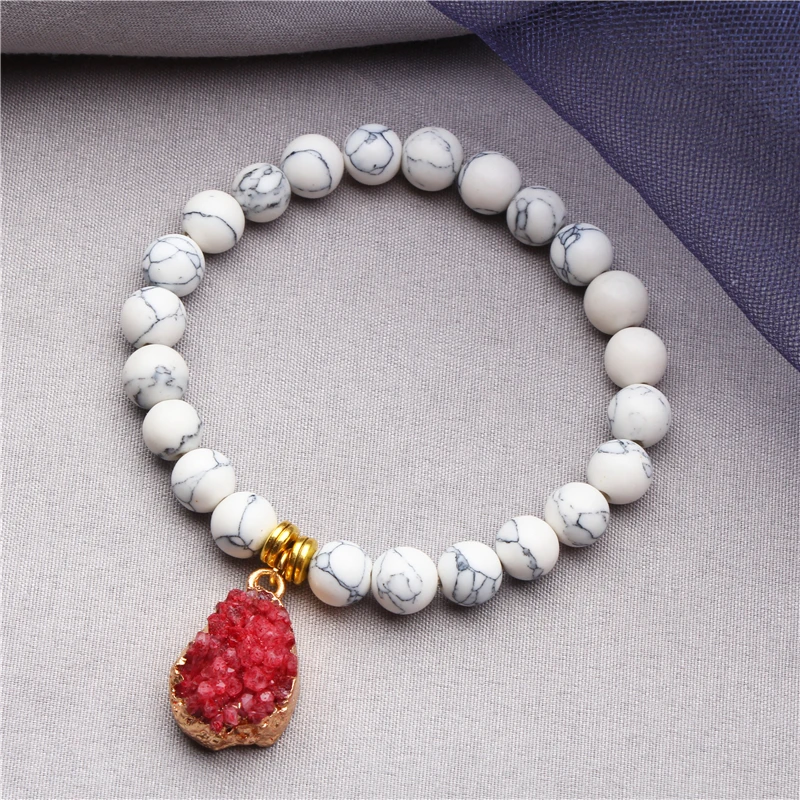 

Druzy Charm Bracelet White Natural Howlite Turquoises Stone Beads Fashion Charm Bracelet Mala Yoga Meditation Jewelry