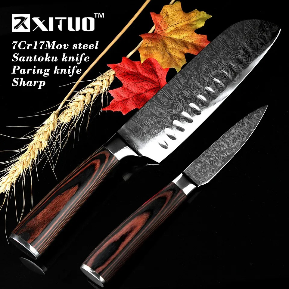 

XITUO 3.5+7 Inch sets Japanese Santoku Imitative Damascus Knife Kitchen Chef Knives Cooking Tools 7Cr17mov Steel Paring Knife