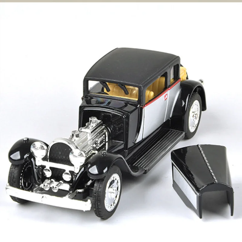 

1/28 Vintage Bugatti Car Model Sound and Light Alloy Pull Back Flashing Classic Vintage Collective Music Car Toy F Collections