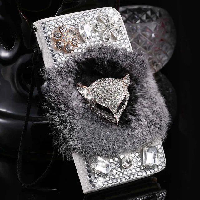 

Fox Fur Leather Phone Case For iPhone XS Max XR X Bling Diamond Case Warm Flip Case For iPhone 8 7 Plus 6S Wallet Cover Card Bag
