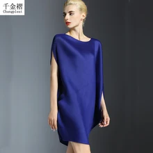 Changpleat Irregular Dresses For Women Pleated O-neck Loose Elegant Solid Large Size Dress Black Bat Sleeve Summer Dresses D0909