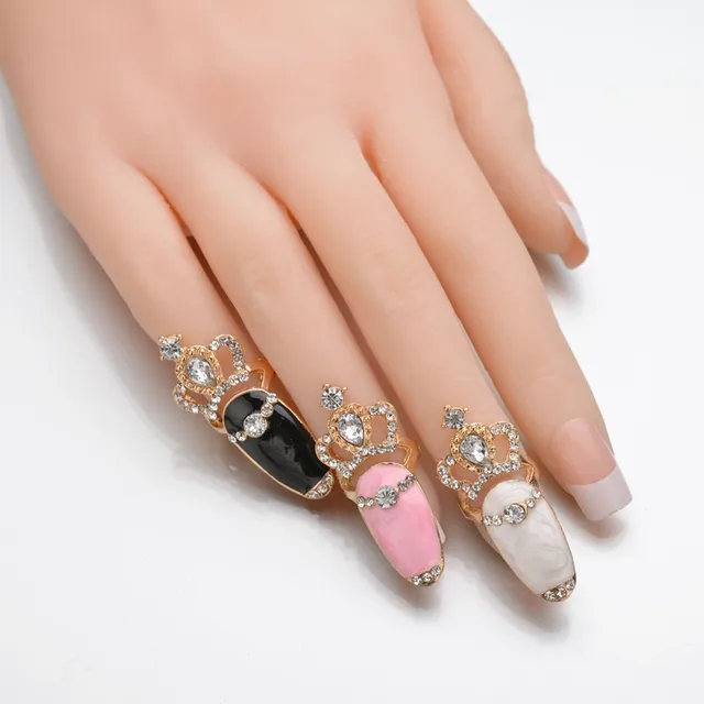 MissCyCy Rhinestone Flower Ring Gold Color Wholesale Fashion Crystal Crown Joint Nail Rings For Women Jewelry