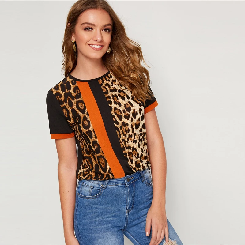 SHEIN Color Block Cut-and-Sew Leopard Panel Top Short Sleeve O-Neck Casual T Shirt Women Summer Leisure Ladies Tshirt Tops