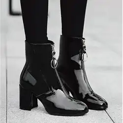 Осенние модные женские ботинки из лакированной кожи с круглым носком на квадратном каблуке, новинка 2019 года, ботинки на высоком каблуке 6