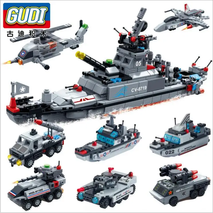 

GUDI 8 IN 1 Military Battleship Building Blocks Missile Boat Battle Tank Helicopter Vehicle educational Building Toys for kids