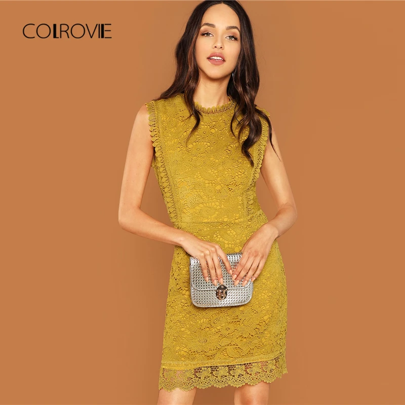

COLROVIE Ginger Solid Mock Neck Sweet Lace Dress Women 2018 Autumn Sleeveless Bodycon Party Dress Korean Elegant Mini Dress