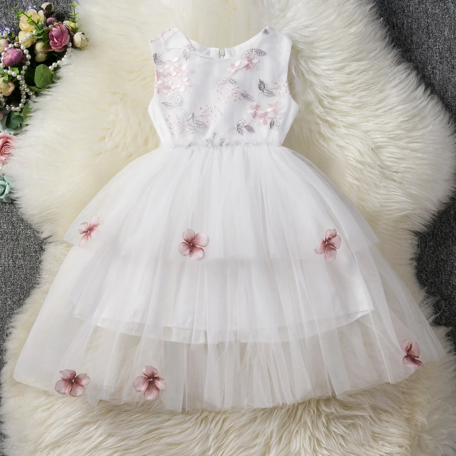 

Girls Party Dress for Kids Mesh Floral Princess Dresses Elegant Girls Birthday Present Clothes Sleeveless White Wedding Dress