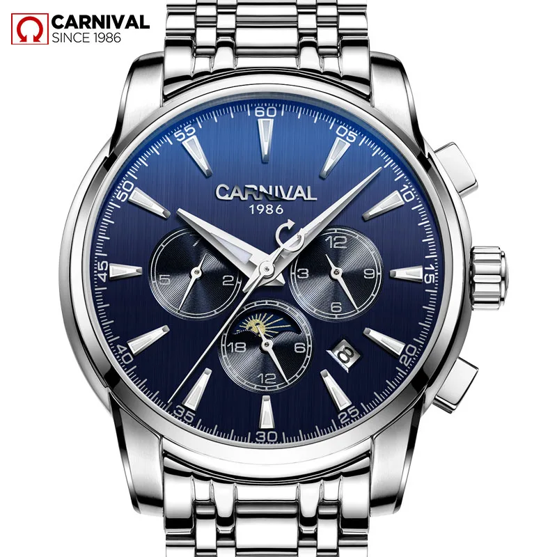 Часы Carnival Moon Phase Мужские механические автоматические светящиеся