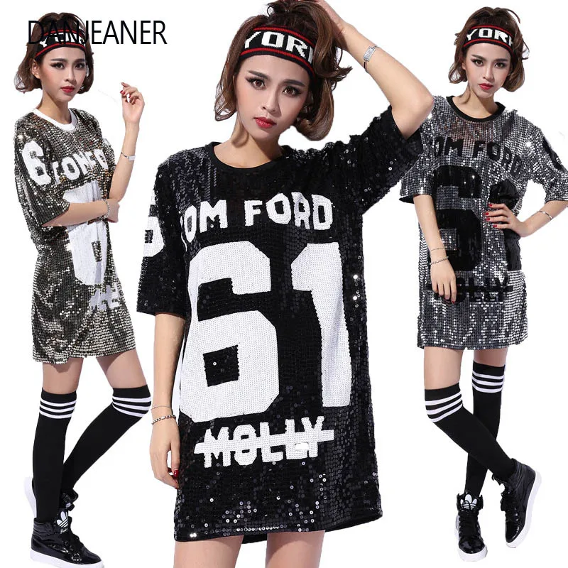 

DANJEANER Woman Club Dresses 2019 Sequin T Shirt Dress Plus Size Loose Tee Shirts Glitter Tops Summer Dress Sequin Casual Tops