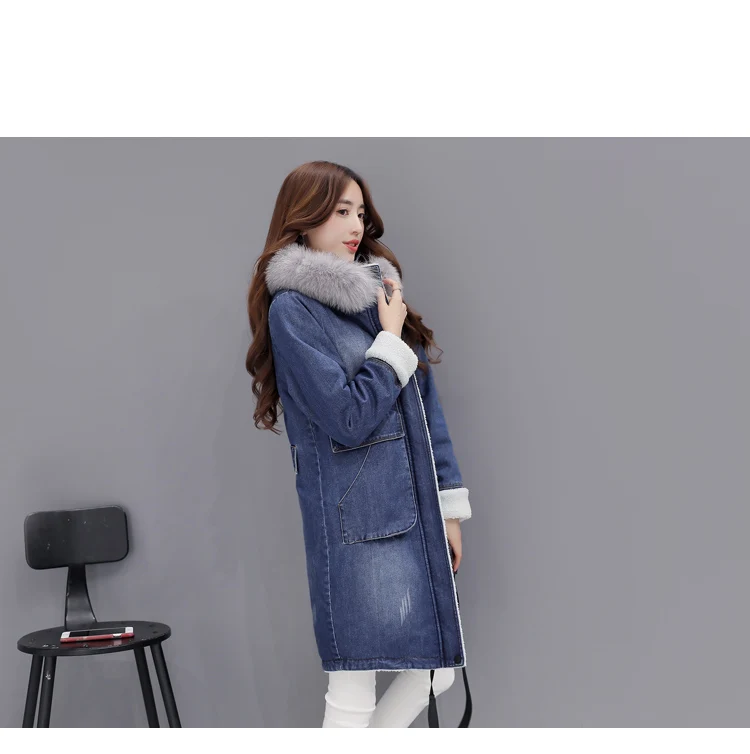 2019 новые осенние зимние пальто женские большие размеры длинные джинсовые куртки чистый цвет меховой воротник на молнии с капюшоном овечья