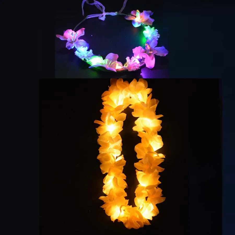Светильник светящийся светодиодный гавайский танец хула Луау цветок головной убор Leis гирлянда ожерелье оголовье венок День рождения украшение свадьбы - Цвет: yellow garland