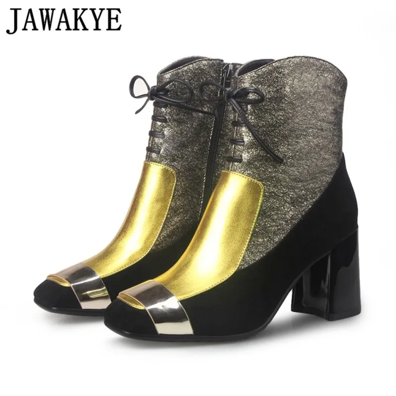 

JAWAKYE Luxury Gold Bling 2018 Newest Winter Warm Ankle Boot Gold Buckle Mixed Color Real Leather Women Boots Plush Shoes