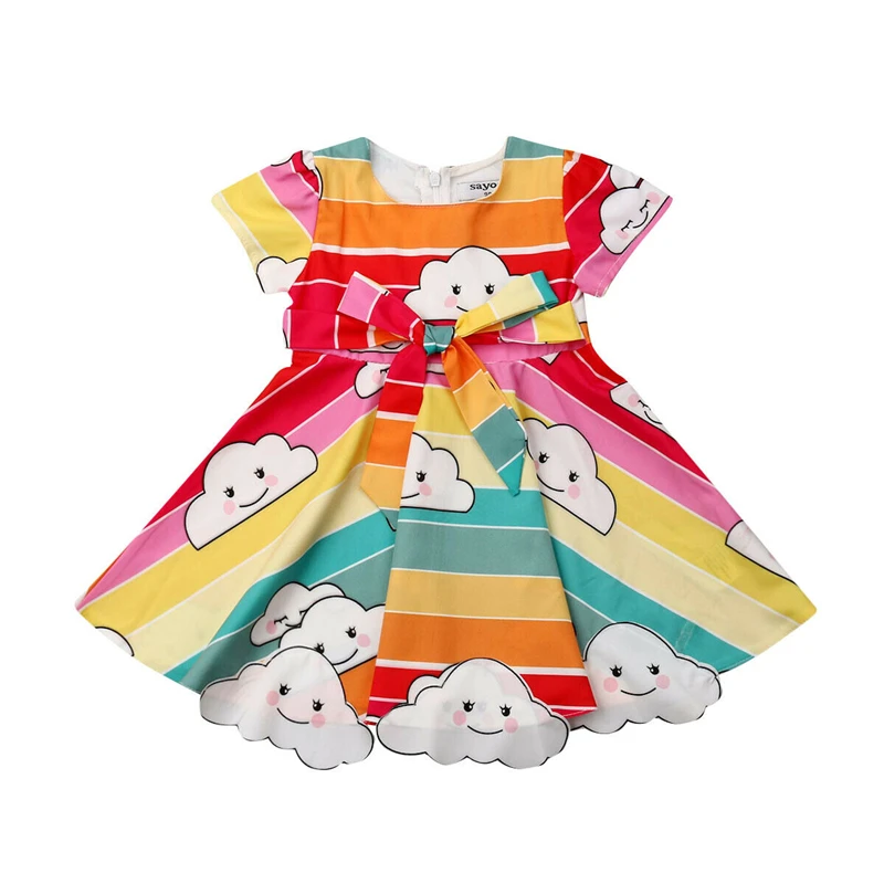 

2019 Toddler Kids Baby Lovely Girls Dress Summer Short Sleeve Round Neck Princess Pageant Party Rainbow Colorful Dresses Costume