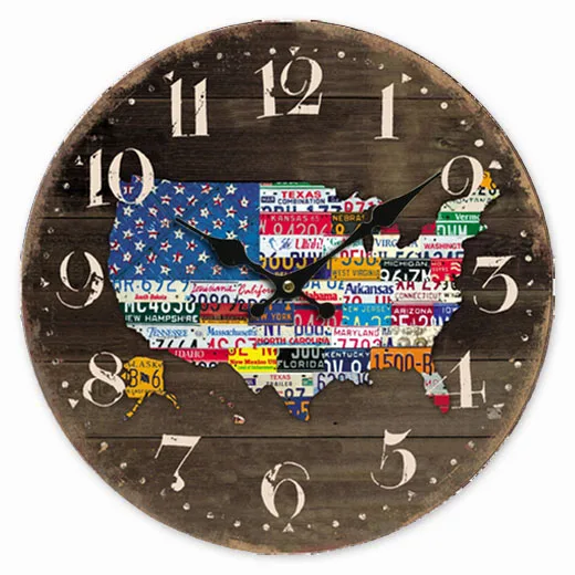Retro Vintage Style Large Clock USA America Flag Map Car Plate Number