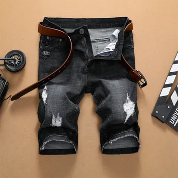 

2019 Summer New Men StraighDenim Shorts Fashion Trend Leisure Hole Ripped Jeans Black Elastic Short Male Brand