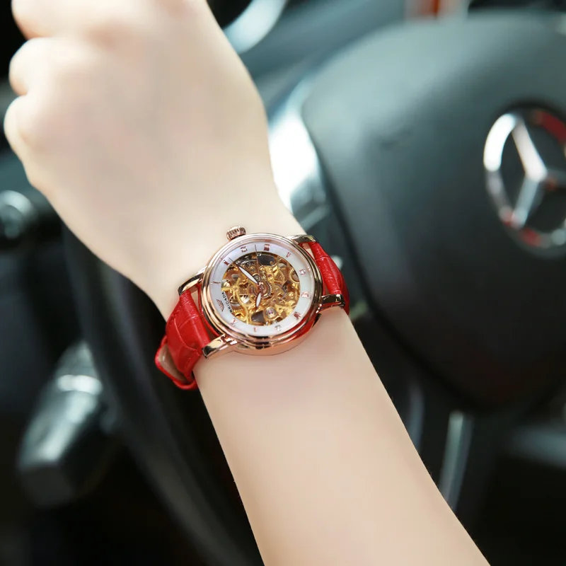 

Brigada Swiss brand reloj mujer automatico watch women hollowing waterproof Ladies mechanical watches Leather female table