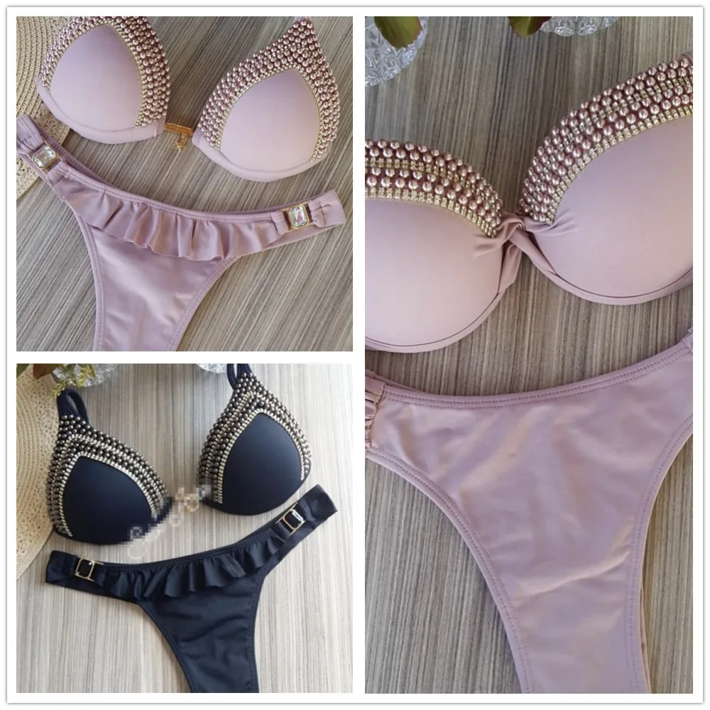 

QI DIAN 2019 venus vacation new pearl bikini set bandage swimwear sexy women bathing suit biquini solid color bikinis swimsuit