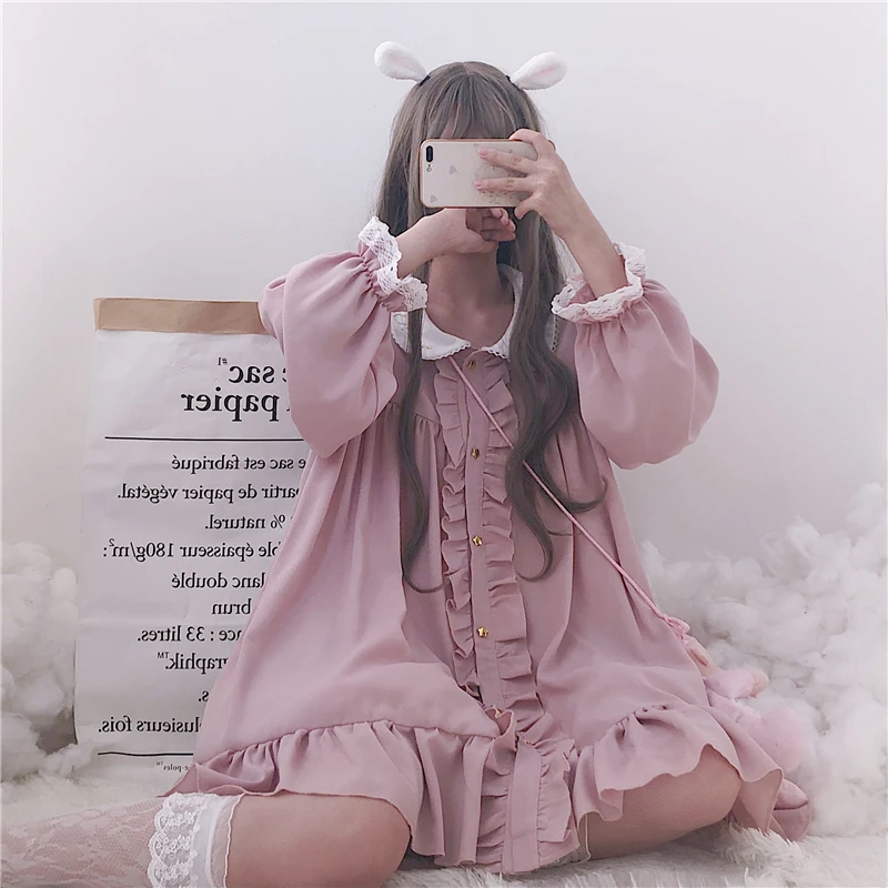Woherb 2020 Summer Dress Women Harajuku Pink Ladies Ruffle Lace Patch Kawaii Dresses Lolita Cosplay Sweet Loose Vestidos 21092