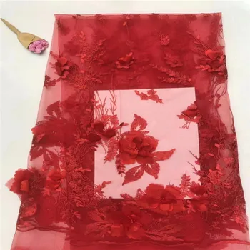 

2019 Latest African Lace Fabrics/French Net Embroidery RED 3 D Flowers Tulle Lace Fabric French Lace Fabric 5 Yards