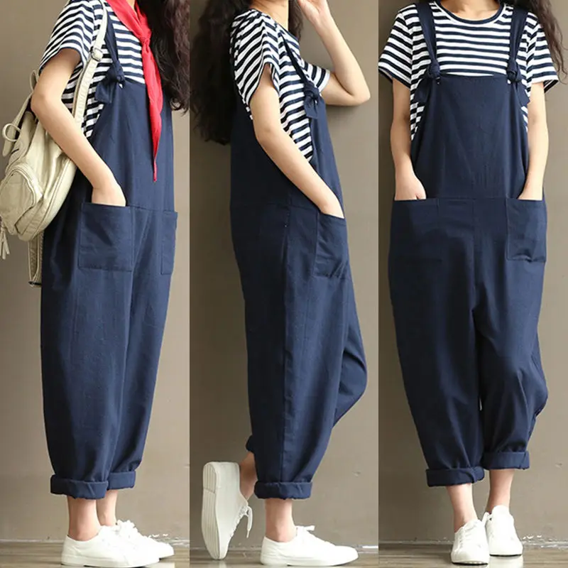 

Women's Casual Loose Linen Pants Cotton Jumpsuit Strap Harem Trousers Overalls