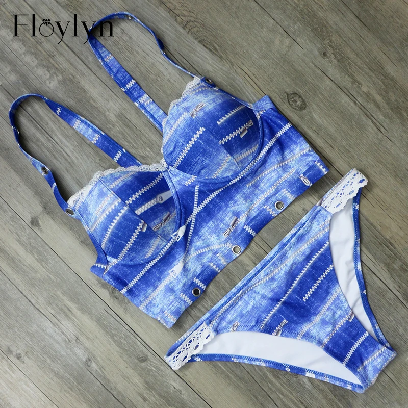 FLOYLYN Low Waist Bathing Suit Imitation Denim Fabric Swimwear Women