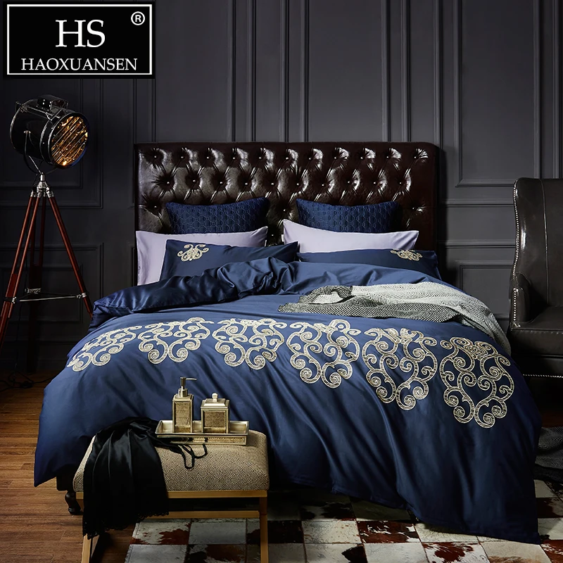 

Luxury Navy Blue Egyptian Cotton 4pcs Bedding Sets European Floral Embroidery Bed Linen Set Adult Soft Sheet Set Queen King Size