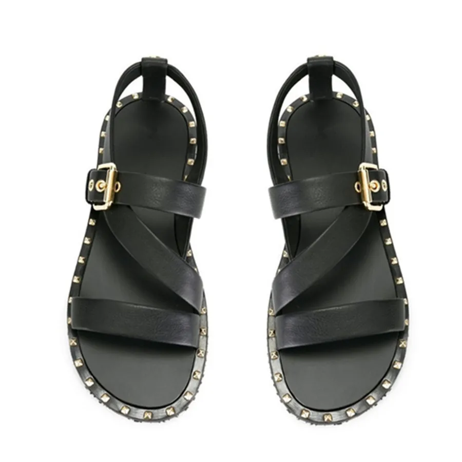 

New Summer Rome Corss Leather Rivets Buckle Strap Sandals Black Luxury Flat Open Toe vantage Sandals