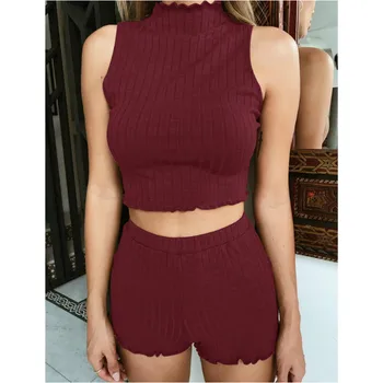 

Women 2 Piece Set Knitting Sleeveless Stand Collar Crop Top+Shorts Summer Bodycon Casual Outfits