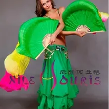 Настоящий Шелковый веер вуаль для танца живота Китай пескоструйная обработка зеленый и желтый и розовый