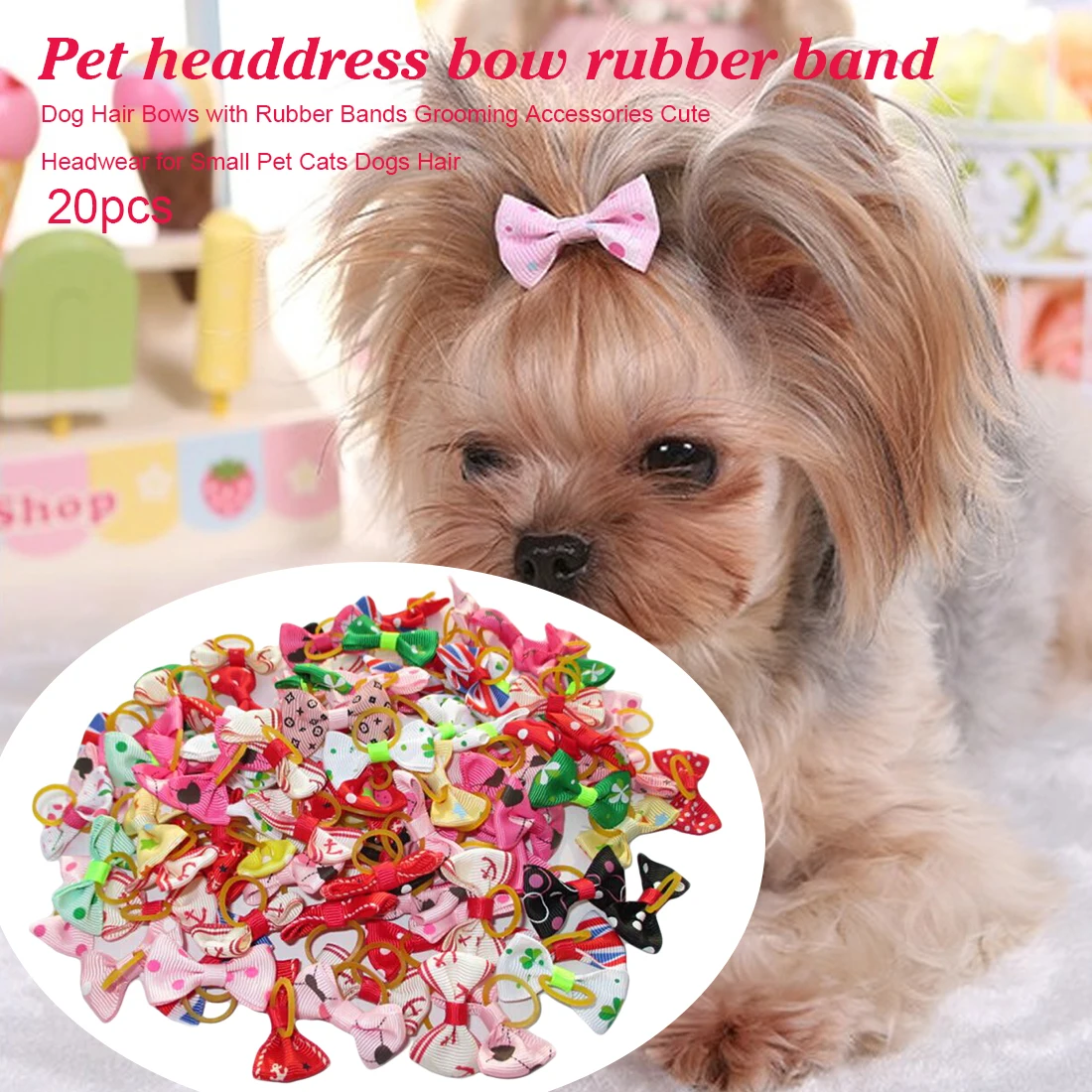 20Pcs Bowknot Cute Dog Rubber Band Handmade Pet Bow Grooming