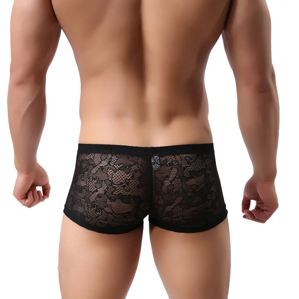 2017 New Fashion Mens Sexy Translucent Boxer Briefs Intimates Soft Lace Floral Ventilate Exotic Boxer Sexy Shorts Underpants -