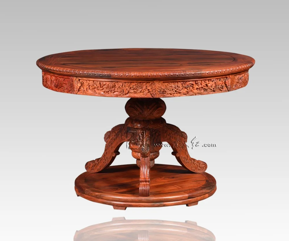 Carved Round Table Rosewood Classic Garden outdoor Desk Solid Wood Living Room Coffee Tea Furniture Annatto flower bird carving