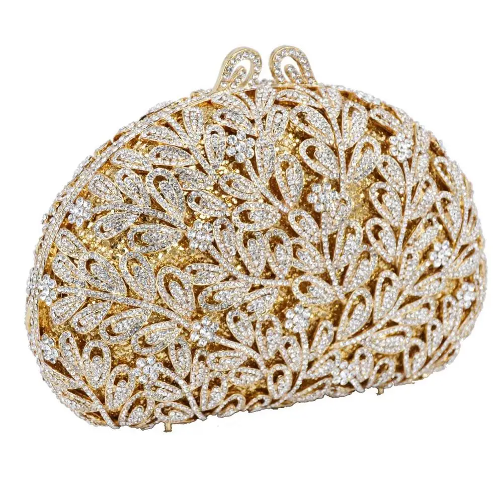 

Boutique Metal Flower Crystal Chain Shoulder Handbag Golden Rhinestone Clutches Evening Bags Small Casual Clutch Purse