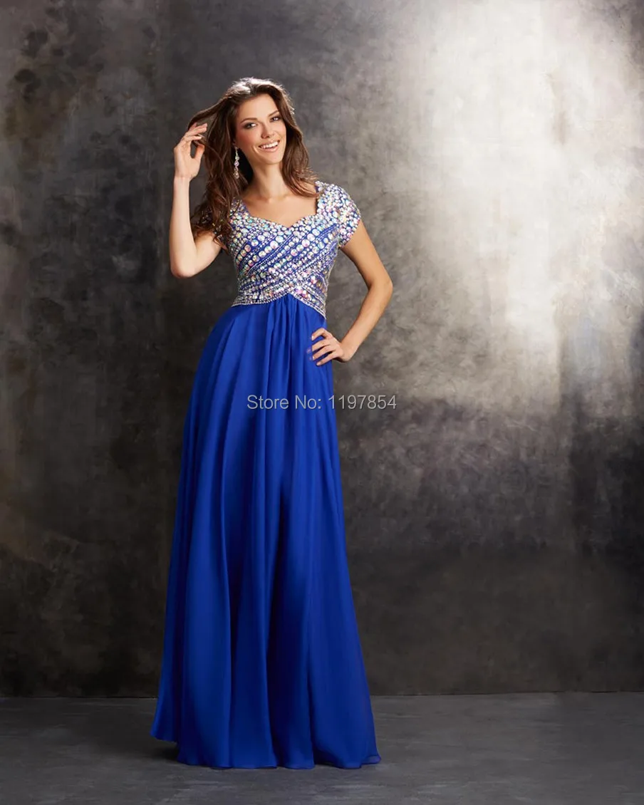 Aliexpress.com Acheter Brillant strass cristal robe de soirée longue 2015 en mousseline de soie plissée robe de soirée une ligne manches courtes robes de