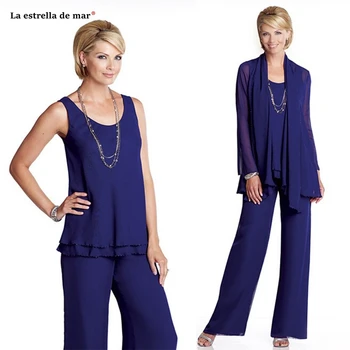 

Mother of the bride dresses pants suit2019 new chiffon 2 pieces royal blue long sleeve vestidos mama de la novia