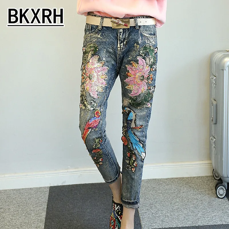 2017 Fashion Sequins Flowers Birds Embroidered Jeans Woman Beading