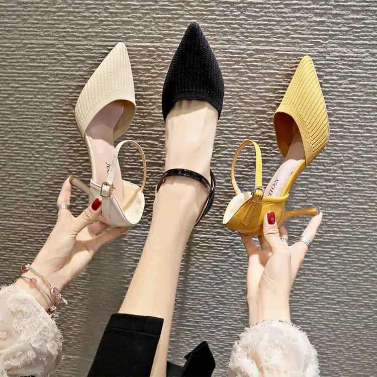 

One-button buckle fairy knitting shoes 2019 spring and summer new small fresh wild pointed stiletto high heels women