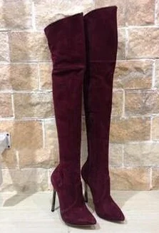 Big Plus Size Women Boots Over The Kee Black Genuine Leather Lady High Heels Shoes Sexy Pointed Toe Elastic Boots Thin Footwear 