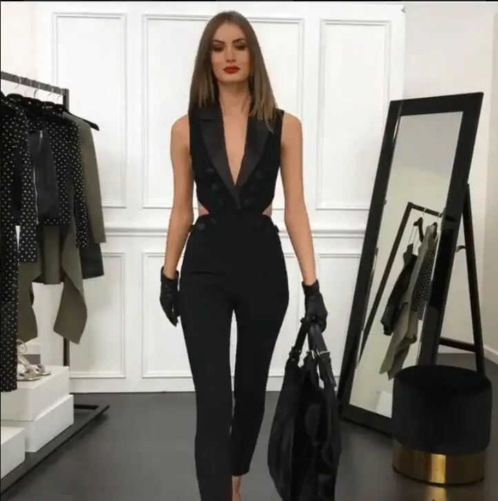 

Newest Celebrity Evening Party Jumpsuit Women Black Deep V-Neck Hollow Out Sexy NightClub Bodycon Backless Jumpsuit Women