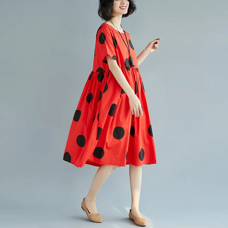 Красные летние платья, корейская мода, винтажное платье в горошек, китайский стиль, женское льняное свободное платье миди, элегантное платье TA1653