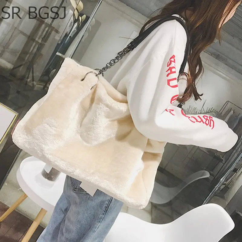 

Free Shipping 6 Colors Soft Fluffy Day Pack Woman Plush Shoulder Large Bag Tote Handbag