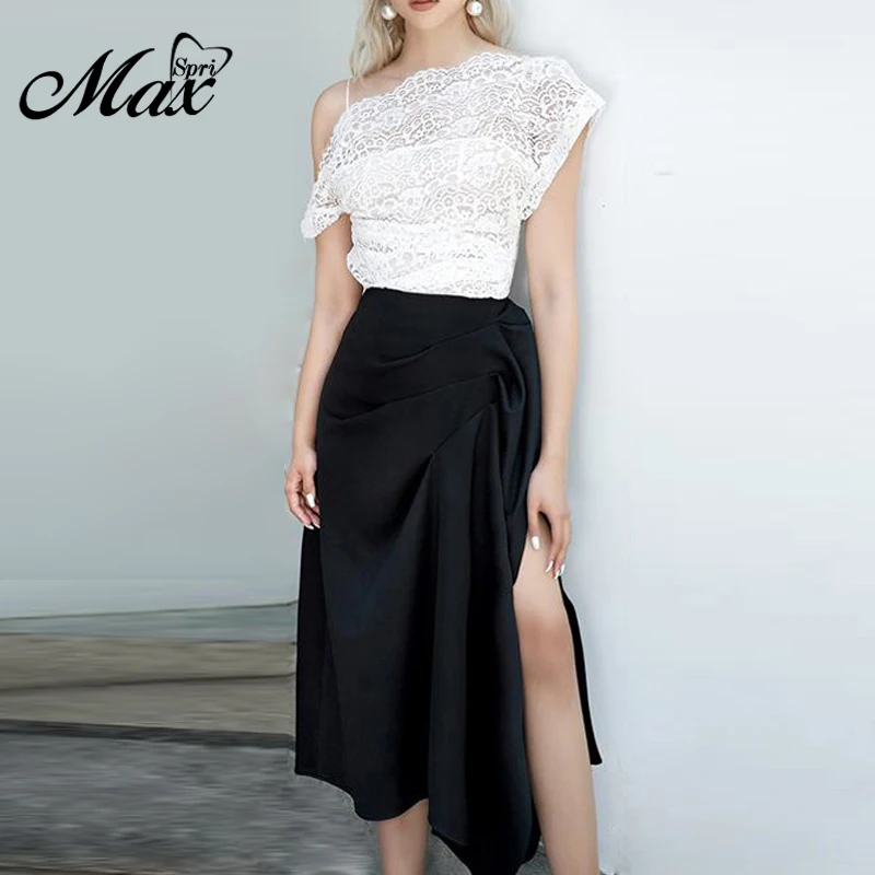 

Max Spri White Lace Hollow Out Floral Top Black Split Drapped Skirt Two Piece Women Sets Evening Party Dresses Vestidos New 2019