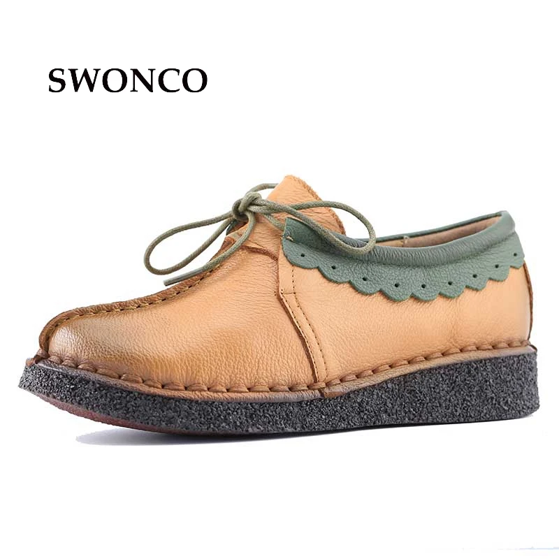Fashion Sewing Women Genuine Leather Shoes Flats Footwear Casual Lace Round Toe Retro Shoes High Quality Handmade Soft Shoes