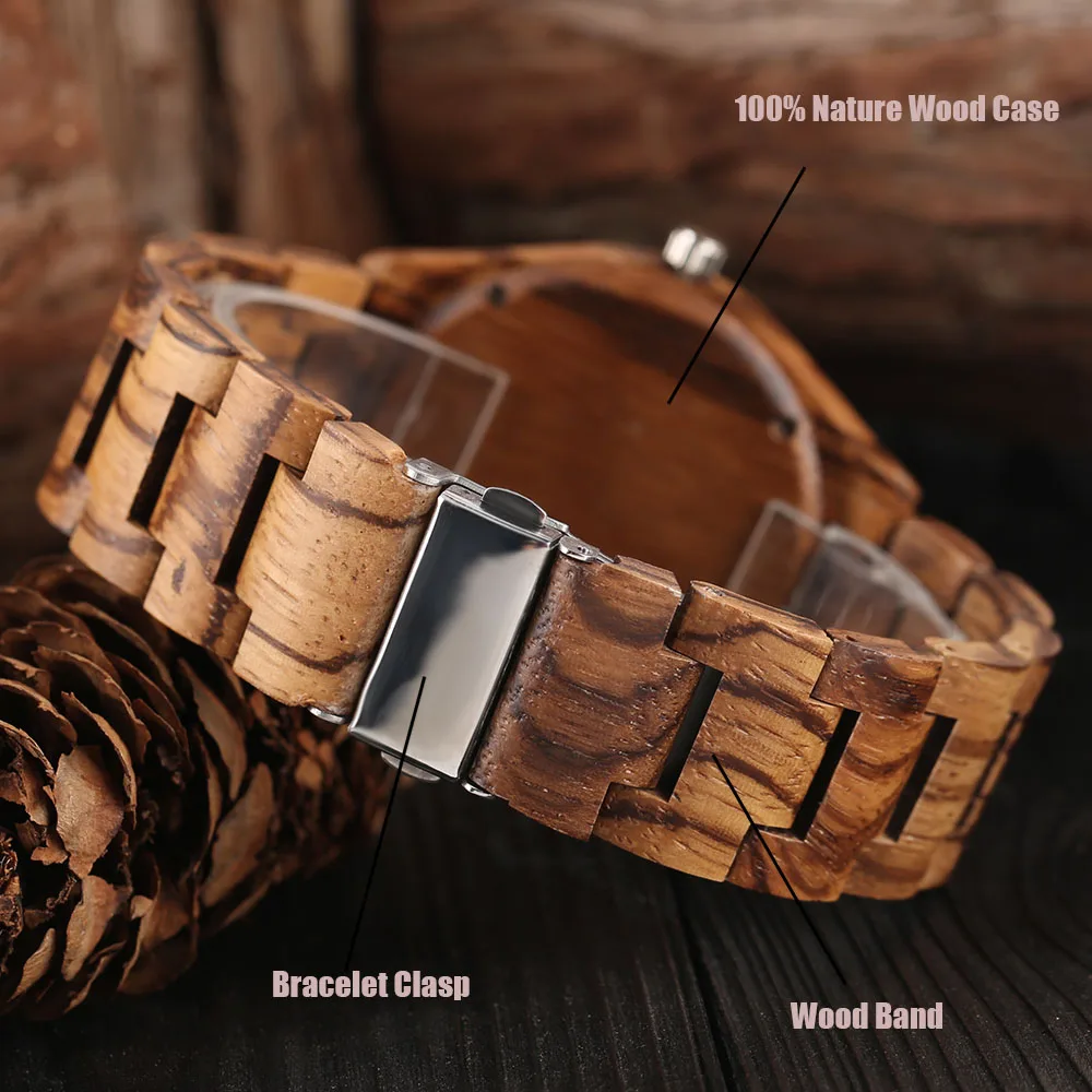 Full Wooden Zebra Pattern Wrist Watch Simple Handmade From Bamboo Wood Fold Clasp Bangle Quartz Watches Casual Mens Watch  1 (7)