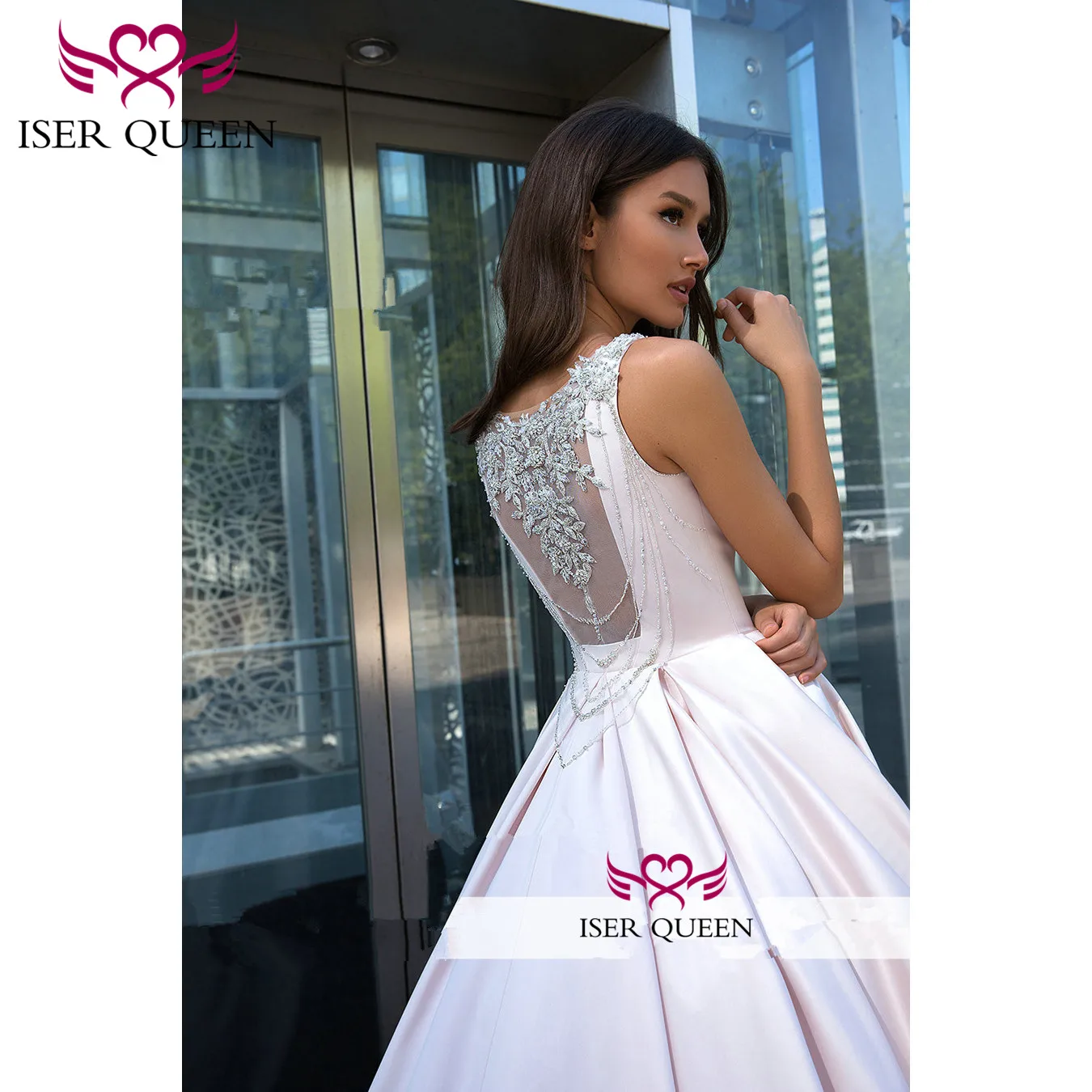 Sleeveless Beading Crystal Back Design Europe Satin Wedding Gown 2020 Ruched Elegant Court train Simple Wedding Dress w0553