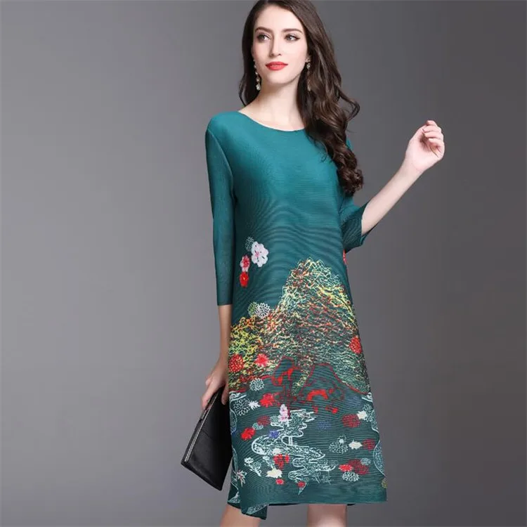 LANMREM Новое модное женское летнее плиссированное платье с рукавом три четверти и круглым вырезом, пуловер с цветочным принтом, элегантные вечерние платья NA940 - Цвет: green