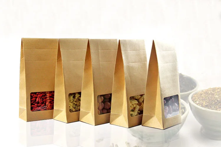 

10*23.5*6cm 100pcs Quality packaging Kraft paper Stand Up bag Food Square window box Bags of nuts/Tea/Cake/Cookies/Coffee bags